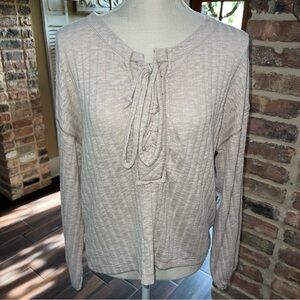 Eyeshadow Beige/Tan Lace Up Top Shirt - Juniors Size Large Boat Neck Bell Sleeve